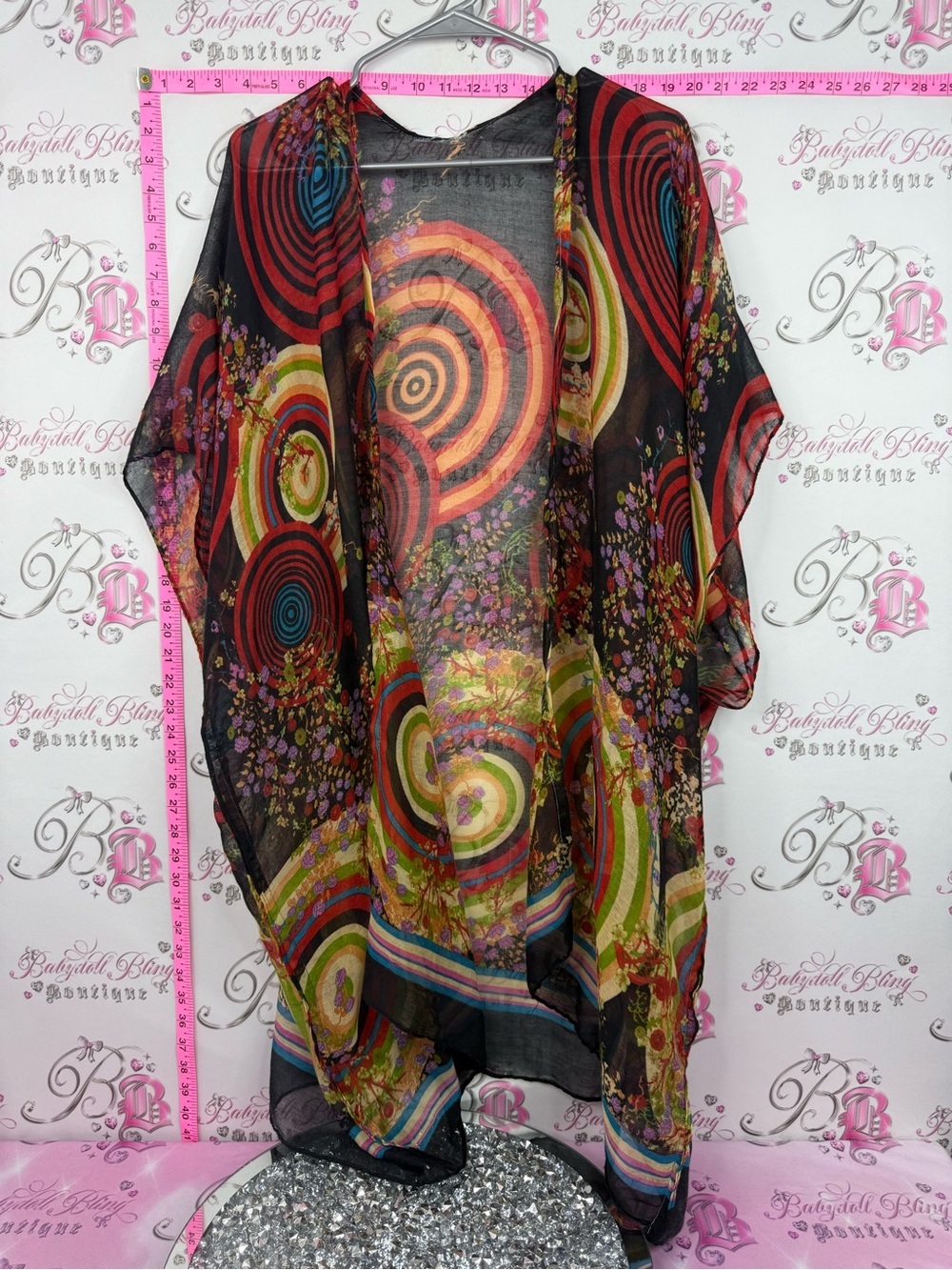 Kimono cardigan coverup Sheer Multi‑Color Spiral Print Kimono